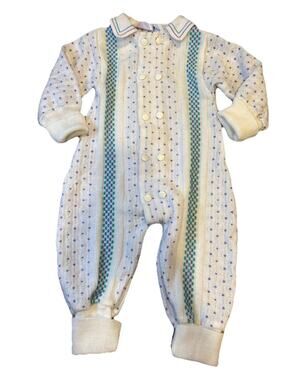 Vintage Mine Alone Baby Knit Romper 3-6M 80s Cream Purple Teal Acrylic